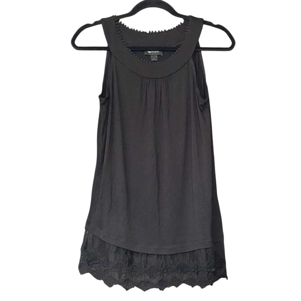 AB Studio Tank Top Womens Size S Black Lace Hem Stretch Wide Strap Lightweight